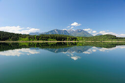 Karawanken range reflecting in lake Turnersee, lake Turnersee, Carinthia, Austria, Europe