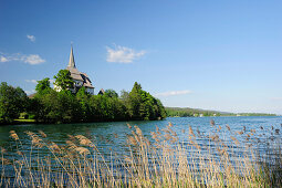 Church of Maria Woerth and lake Woerthersee, lake Woerthersee, Carinthia, Austria, Europe