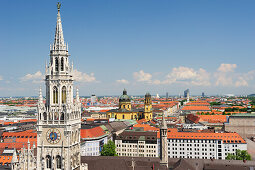 View to city of Munich with town hall Neues Rathaus and church Theatinerkirche, Munich, Upper Bavaria, Bavaria, Germany, Europe