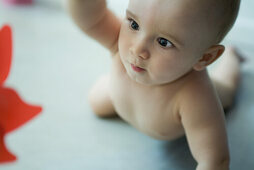 Nude baby crawling on the ground, looking at toy in foreground, high angle view