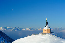 Snow covered chapel, Wallberg, Bavarian Alps, Upper Bavaria, Bavaria, Germany