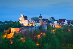 View of the castle and the tower in the evening, Vellberg, Hohenlohe region, Baden-Wuerttemberg, Germany, Europe