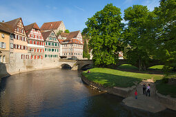 Half-timbered houses at the Kocher river, Schwaebisch Hall, Hohenlohe region, Baden-Wuerttemberg, Germany, Europe