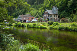 View over river Bode to Treseburg, Thale, Harz mountains, Saxony-Anhalt, Germany