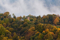 Aerial view of Dronke tower amidst autumnal trees and rising fog, rural district of Rhineland Palatinate, Germany, Europe