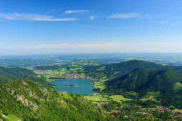 View to lake Schliersee with island Woerth, Schliersee, Brecherspitz, Mangfall Mountains, Bavarian Prealps, Upper Bavaria, Germany