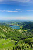 View to lake Schliersee with island Woerth, Schliersee, Brecherspitz, Mangfall Mountains, Bavarian Prealps, Upper Bavaria, Germany