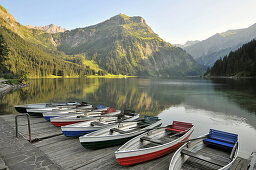 Boats at lake Vilsalp in the Tannheim valley, Ausserfern, Tyrol, Austria, Europe