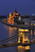 Danube river, House of Parliament and Chain Bridge at night, Budapest, Hungary, Europe