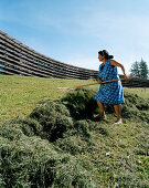 Frau harkt Heu vor dem Hotel Vigilius Mountain Resort, Vigiljoch, Lana, Trentino-Südtirol, Italien