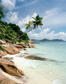 Anse Severe Beach in the sunlight, north western La Digue, La Digue and Inner Islands, Republic of Seychelles, Indian Ocean