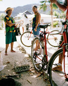 Sale of sea swallow eggs on the main road in the morning, La Passe, La Digue and Inner Islands, Republic of Seychelles, Indian Ocean