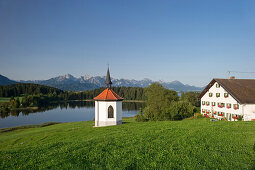 Chapel Royal at lake Hegratsried, Halblech, Allgaeu, Bavaria, Germany