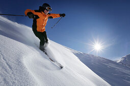 Skier sking down a slope, Festkogel, Obergurgl, Tyrol, Austria