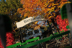 Entrance to a beer garden, Ettal, Upper Bavaria, Bavaria, Germany