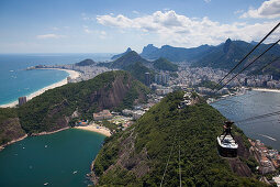 View over city from Pao de Acucar, Sugar Loaf, mountain with Sky Gondola cable car, Rio de Janeiro, Rio de Janeiro, Brazil, South America