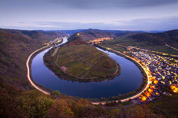 View from Bremmer Calmont vineyard to the Moselle sinuosity in the evening, Bremm, Moselle river, Rhineland-Palatinate, Germany, Europe