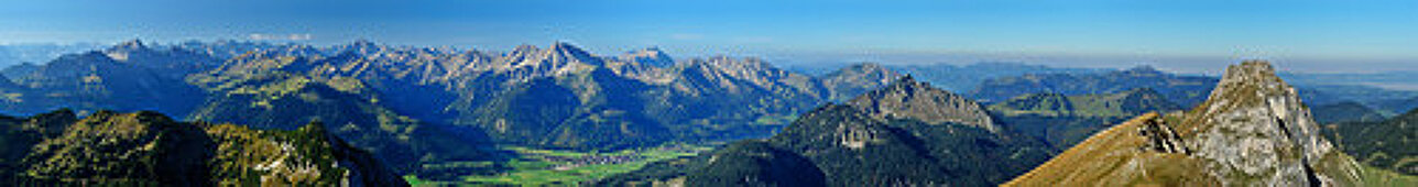 Panorama mit Allgäuer Alpen, Tannheimer Berge und Aggenstein, Brentenjoch, Tannheimer Berge, Allgäuer Alpen, Tirol, Österreich