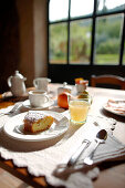 Breakfast table with cake and fruit juice, Agriturismo and vineyard Ca' Orologio, Venetia, Italy