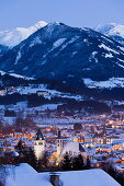 Old Town, panorama in the evening, Parish Church and Liebfrauen Church, Vorderstadt, Kitzbuhel, Tyrol, Austria