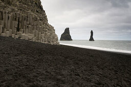 Rock formations and black sand beach near Vik I Myrdal, Iceland, Scandinavia, Europe
