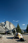 Half Dome mountain and tent in the sunlight, Yosemite National Park, California, USA, America