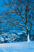 Blick auf Sankt Andreasberg vom Glockenberg bei Dämmerung, Schnee, Winter, Harz, Niedersachsen, Deutschland