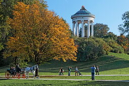 Blick über Wiesen auf den Monopteros Tempel, Englischer Garten, Schwabing, München, Oberbayern, Bayern, Deutschland, Europa