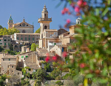 View of Valldemossa, oleander in the foreground, Mallorca, Spain