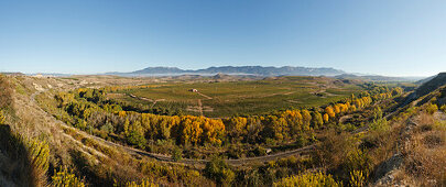 railway line along Ebro river, Rio Ebro, vinyards, near Haro, autumn, La Rioja, Northern Spain, Spain, Europe