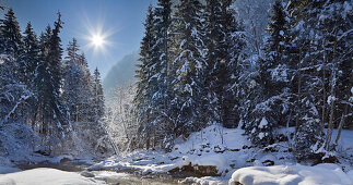 Snowy Radmerbach stream in the sunlight, Ameiskogel, Rotmoos, Styria, Austria, Europe