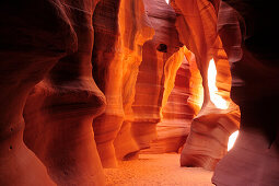 Sonnenlicht beleuchtet bunten Sandsteincanyon, Upper Antelope Canyon, Antelope Canyon, Page, Arizona, Südwesten, USA, Amerika
