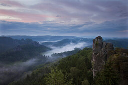 View from Felsenburg Neurathen over the Wehlgrund valley onto the Monk Rock, Bastei Rocks, National Park Saxon Switzerland, Elbe Sandstone Mountains, Saxony, Germany, Europe