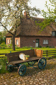 Holzkarren mit Krug und Teller vor reetgedecktem Haus, Sieseby, Ostsee, Schleswig-Holstein, Deutschland, Europa