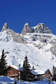 Hut, Lindauer Huette with Drei Tuerme in the background, Raetikon, Montafon, Vorarlberg, Austria