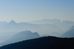 Aussicht von der BergeLodge auf die Allgäuer Alpen und den Forgensee, Alpspitze, Allgäu, Bayern, Deutschland, Europa