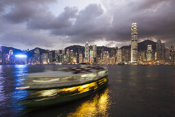 Skyline of Hong Kong Island and Star Ferry at night, Hong Kong Island, Hongkong, China, Asia