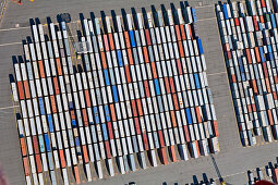 Aerial view of shipping containers in Bremerhaven port, Bremen, Northern Germany
