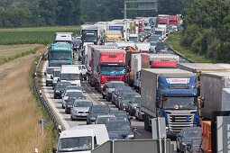 Traffic at a standstill on a German Autobahn, traffic jam, bavaria, Germany