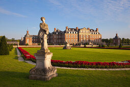 Garden with baroque sculptures at the island of Venus, Nordkirchen moated castle, Muensterland, North Rhine-Westphalia, Germany, Europe