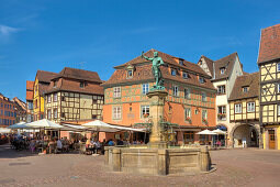 Schwendi well in front of half timbered houses, Colmar, Alsace, France, Europe