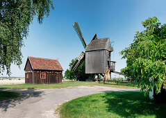 Windmill under blue sky, Wolmirstedt, Saxony-Anhalt, Germany, Europe