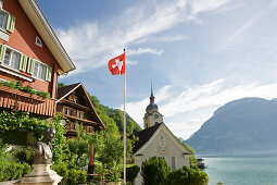 Houses of the village of Bauen at lake Lucerne, canton Uri, Switzerland, Europe