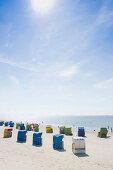 Colourful beachchairs in the sunlight, Wyk, Foehr, North Frisian Islands, Schleswig-Holstein, Germany, Europe