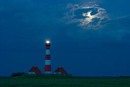 Westerheversand lighthouse at night, Westerhever, Wadden Sea National Park, Eiderstedt peninsula, North Frisian Islands, Schleswig-Holstein, Germany, Europe