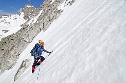 Elijah Weber climbing the Vertical Perceptions Couloir on the North Face of Cobb Peak in the Pioneer Mountians of central Idaho