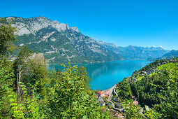 View of lake Walensee with Churfirsten mountains, St. Gallen, Switzerland, Europe