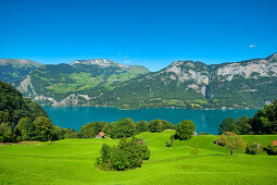 View of lake Walensee, Amden and Mattstock, St. Gallen, Switzerland, Europe