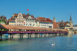 Die Reuss mit Kapellbrücke im Sonnenlicht, Luzern, Luzern, Schweiz, Europa