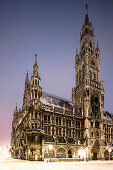City hall Rathaus on Marienplatz at dawn in winter, Munich, Upper Bavaria, Bavaria, Germany